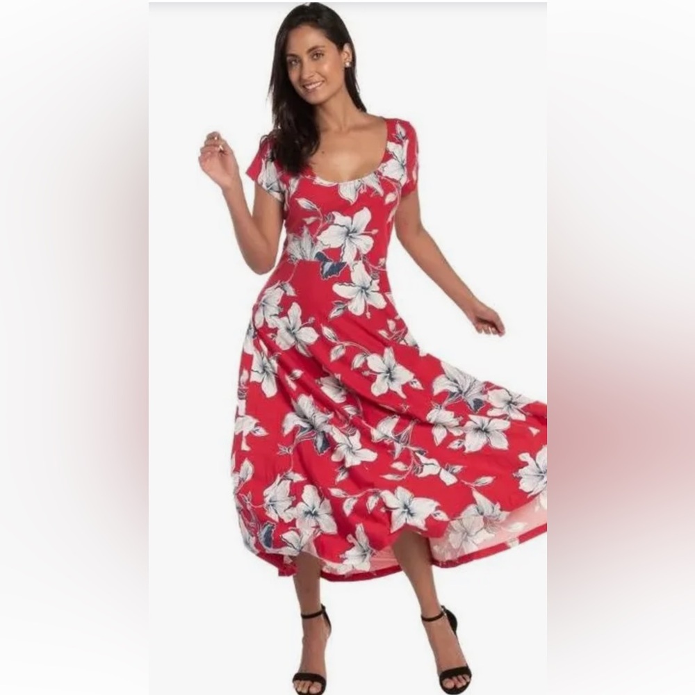 CHAPS🌺Floral TROPICAL Maxi DRESS Long Red Maxi Flare Hibiscis Flowers size Small